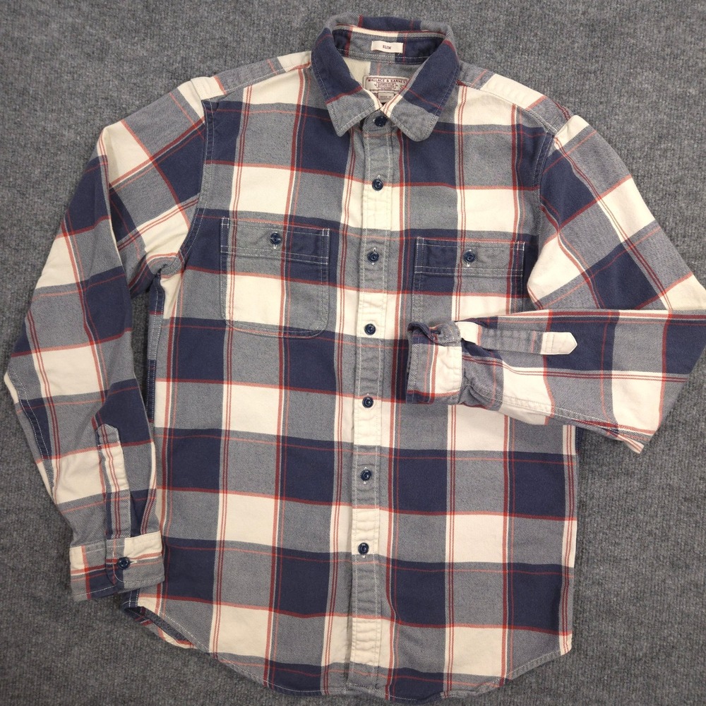 Wallace & Barnes Flannel Shirt Mens S Navy Check Slim Fit Pockets Outdoor Casual